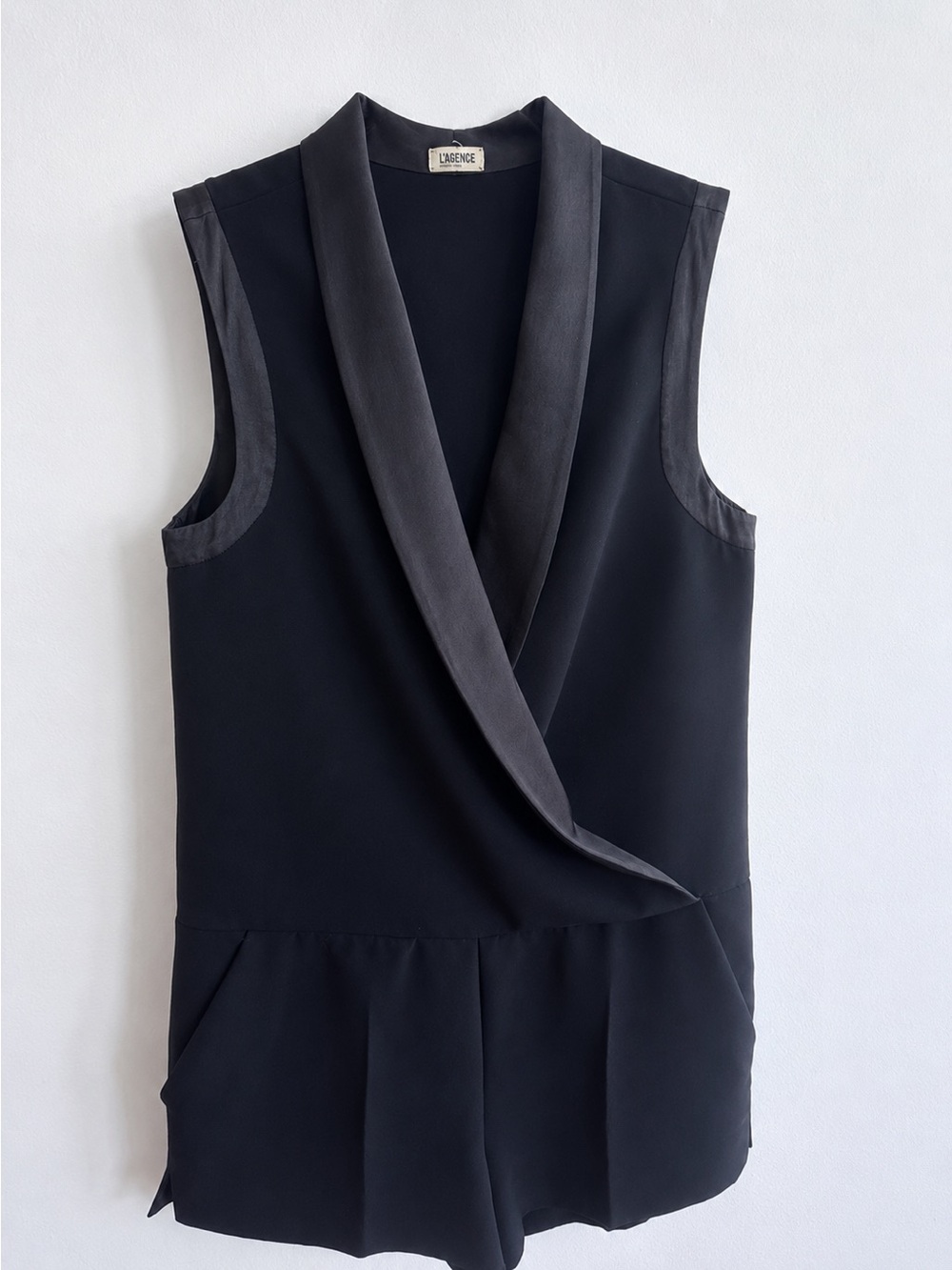L'AGENCE Black Draped Sleeveless Romper with Satin Trim